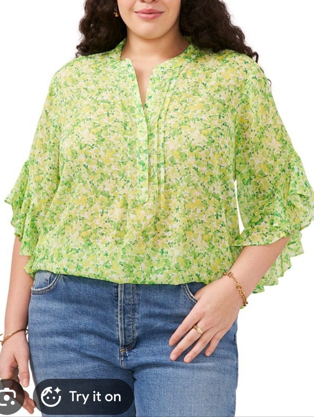 Vince Camuto Green Floral Ruffle Sleeve Sheer Blouse Size 1X
